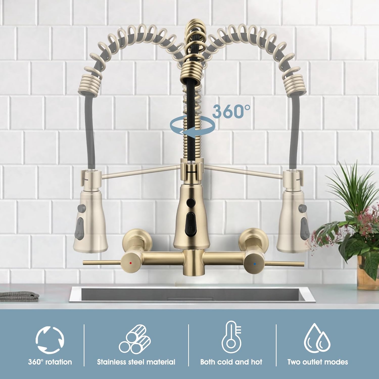 Wall Mount Kitchen Faucet, 8 Inch Center Commercial Sink Faucet with Pull Down Sprayer, 2 Handle Wall Mount Faucet for Kitchen Sink, Brushed Golden
